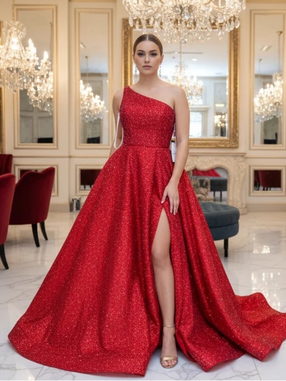 Sherri Hill One-Shoulder Red Sparkle Ball Gown